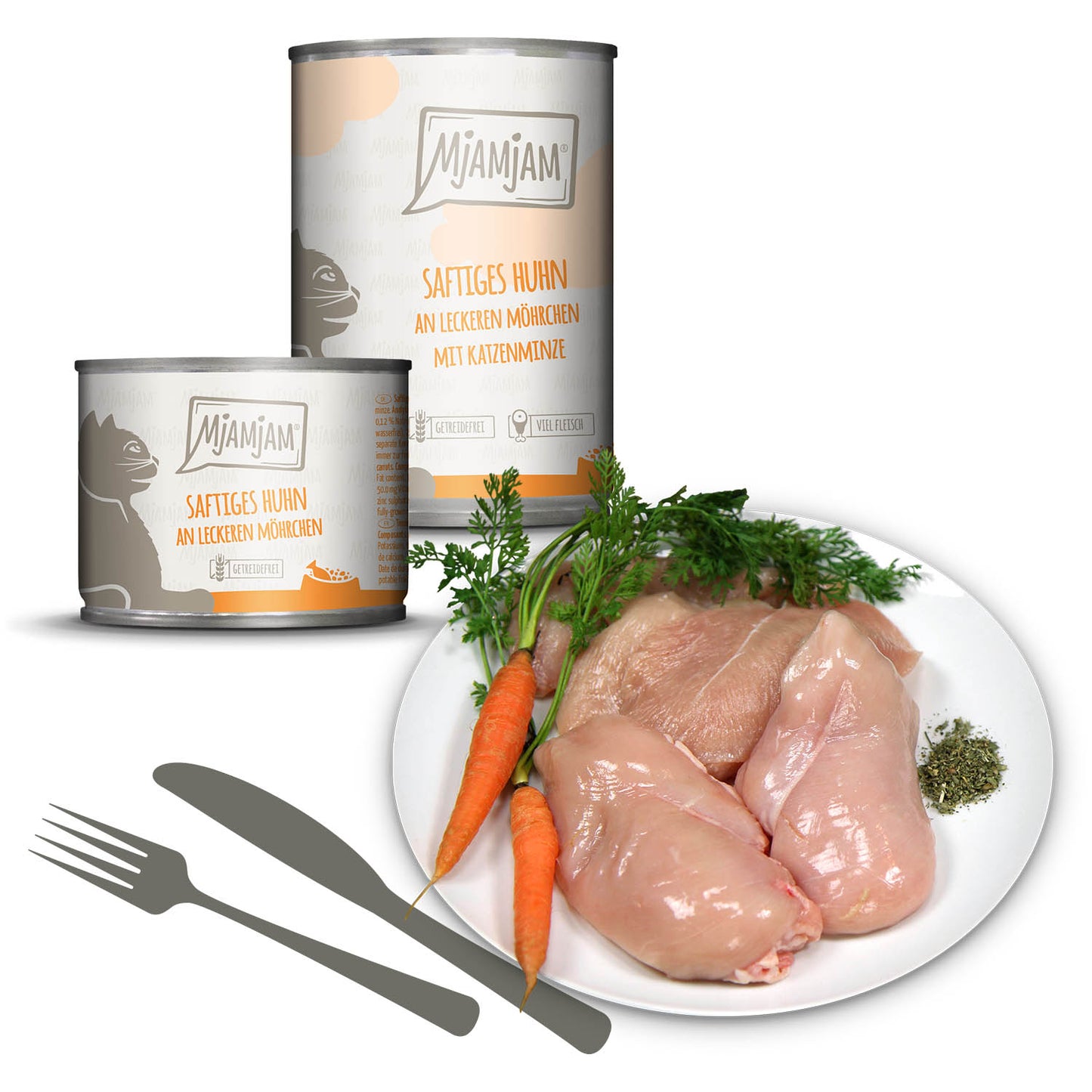 Mjamjam Katzenfutter Dosenfutter Saftiges Huhn mit leckeren Mörchen 200g